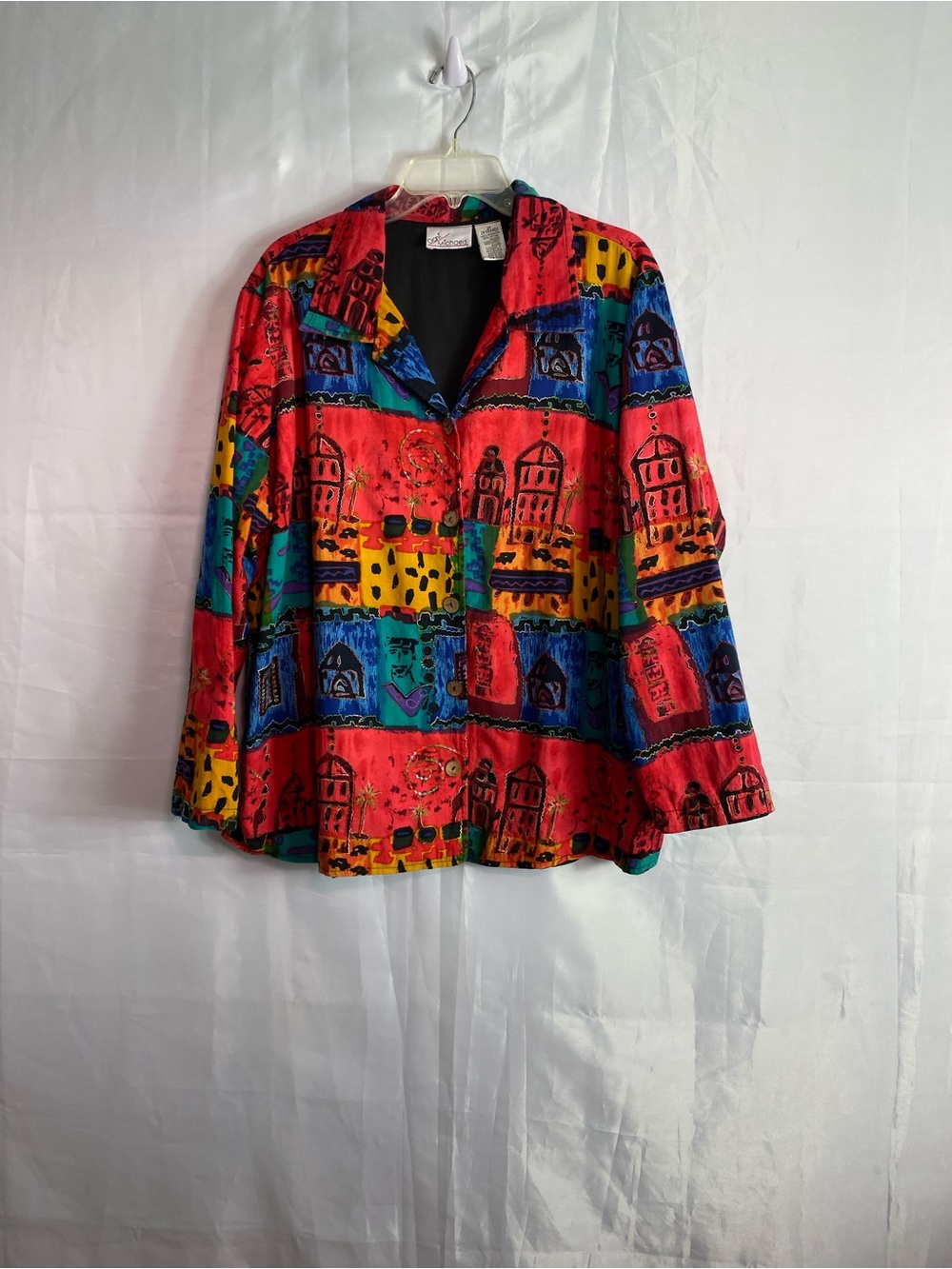 Colorful Patchwork Red Button-Front Women's Shirt Jacket
